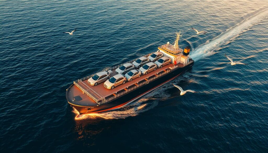 A large cargo ship transporting several cars on its deck, gently rocking on the calm, blue ocean. The sun casts a warm, golden glow, illuminating the vehicles and the ship's sleek exterior. In the background, a few seagulls soar gracefully, adding a sense of tranquility to the scene. The image conveys the efficient and reliable process of shipping cars from the USA to Canada, with the vessel serving as a crucial link in the transportation chain. A large cargo ship transporting several cars on its deck, gently rocking on the calm, blue ocean. The sun casts a warm, golden glow, illuminating the vehicles and the ship's sleek exterior. In the background, a few seagulls soar gracefully, adding a sense of tranquility to the scene. The image conveys the efficient and reliable process of shipping cars from the USA to Canada, with the vessel serving as a crucial link in the transportation chain.
