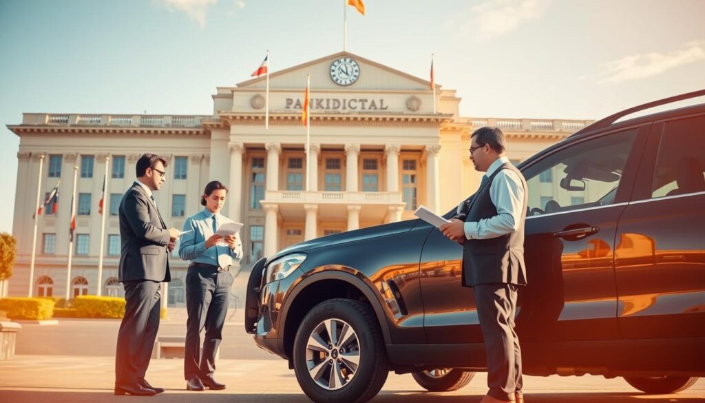 A large government building, its facade adorned with flags and seals, stands in the background. In the foreground, a vehicle, meticulously detailed, is being inspected by customs officials in crisp uniforms. The scene is bathed in warm, golden light, conveying a sense of bureaucratic efficiency and careful scrutiny. The officials examine documents, taking notes, as the vehicle owner anxiously waits, aware of the potential taxes and duties that will be imposed. The atmosphere is one of administrative rigor, with the government's presence looming large over the importation process. A large government building, its facade adorned with flags and seals, stands in the background. In the foreground, a vehicle, meticulously detailed, is being inspected by customs officials in crisp uniforms. The scene is bathed in warm, golden light, conveying a sense of bureaucratic efficiency and careful scrutiny. The officials examine documents, taking notes, as the vehicle owner anxiously waits, aware of the potential taxes and duties that will be imposed. The atmosphere is one of administrative rigor, with the government's presence looming large over the importation process.