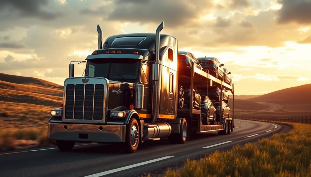 A large semi-truck transporting a car carrier trailer on a rural highway, with rolling hills and a cloudy sky in the background. The truck is driving on a winding road, its chrome grille and headlights shining in the afternoon light. The car carrier trailer is loaded with various makes and models of vehicles, showcasing the diversity of the auto transport industry. The scene conveys a sense of efficiency, reliability, and the essential role of vehicle transport in facilitating the movement of cars from one location to another. The overall lighting is warm and natural, creating a serene and professional atmosphere. A large semi-truck transporting a car carrier trailer on a rural highway, with rolling hills and a cloudy sky in the background. The truck is driving on a winding road, its chrome grille and headlights shining in the afternoon light. The car carrier trailer is loaded with various makes and models of vehicles, showcasing the diversity of the auto transport industry. The scene conveys a sense of efficiency, reliability, and the essential role of vehicle transport in facilitating the movement of cars from one location to another. The overall lighting is warm and natural, creating a serene and professional atmosphere.