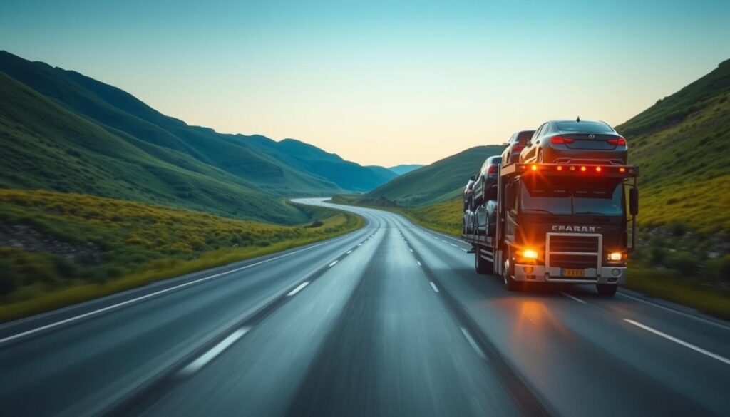 A long, winding road stretches out, flanked by verdant hills and a clear blue sky. In the foreground, a car carrier truck, its bed laden with several shiny automobiles, slowly makes its way along the highway. The truck's headlights emit a warm, golden glow, illuminating the scene with a sense of purpose and movement. The camera angle is slightly elevated, capturing the full length of the truck and the cars it carries, conveying a sense of scale and the scale of the car shipping operation. The overall mood is one of efficient transportation, a well-oiled logistics system seamlessly moving vehicles from one location to another. A long, winding road stretches out, flanked by verdant hills and a clear blue sky. In the foreground, a car carrier truck, its bed laden with several shiny automobiles, slowly makes its way along the highway. The truck's headlights emit a warm, golden glow, illuminating the scene with a sense of purpose and movement. The camera angle is slightly elevated, capturing the full length of the truck and the cars it carries, conveying a sense of scale and the scale of the car shipping operation. The overall mood is one of efficient transportation, a well-oiled logistics system seamlessly moving vehicles from one location to another.
