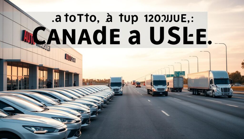 A modern auto transport service facility, with a fleet of sleek car carriers lined up in the foreground. The building has a clean, professional facade with large windows and prominent branding. In the middle ground, skilled technicians meticulously inspect and prepare vehicles for secure transport. The background showcases the bustling highway, with cars and trucks moving seamlessly along the road, symbolizing the reliable and efficient nature of the service. Soft, diffused lighting creates a sense of trust and reassurance, while the overall composition conveys a smooth, hassle-free car shipping experience from Canada to the United States. A modern auto transport service facility, with a fleet of sleek car carriers lined up in the foreground. The building has a clean, professional facade with large windows and prominent branding. In the middle ground, skilled technicians meticulously inspect and prepare vehicles for secure transport. The background showcases the bustling highway, with cars and trucks moving seamlessly along the road, symbolizing the reliable and efficient nature of the service. Soft, diffused lighting creates a sense of trust and reassurance, while the overall composition conveys a smooth, hassle-free car shipping experience from Canada to the United States.