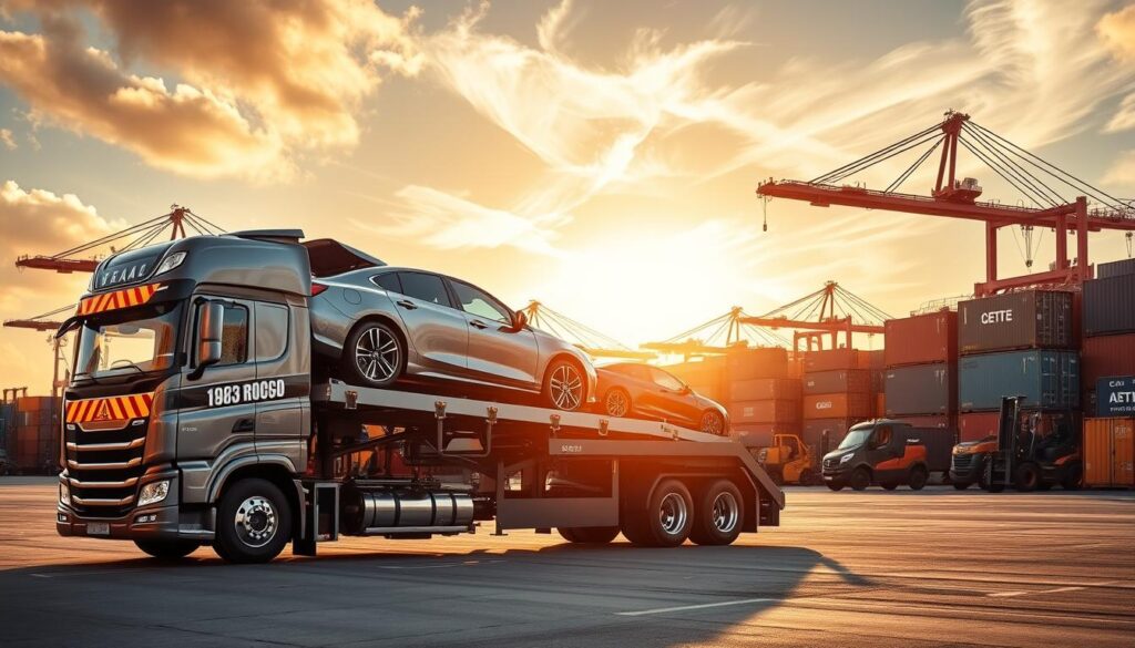 A modern car transport truck, freshly washed and gleaming, stands ready to load up a fleet of shiny new vehicles. The truck's powerful engine rumbles as the hydraulic lift slowly raises a sleek sedan onto the multi-level carrier. In the background, a bustling shipping yard filled with cranes, forklifts, and dockworkers transports cargo containers, creating a sense of organized efficiency. Warm afternoon sunlight filters through wispy clouds, casting a golden glow over the scene. The overall atmosphere conveys the complex logistics and attention to detail required to safely ship cars from one destination to another. A modern car transport truck, freshly washed and gleaming, stands ready to load up a fleet of shiny new vehicles. The truck's powerful engine rumbles as the hydraulic lift slowly raises a sleek sedan onto the multi-level carrier. In the background, a bustling shipping yard filled with cranes, forklifts, and dockworkers transports cargo containers, creating a sense of organized efficiency. Warm afternoon sunlight filters through wispy clouds, casting a golden glow over the scene. The overall atmosphere conveys the complex logistics and attention to detail required to safely ship cars from one destination to another.