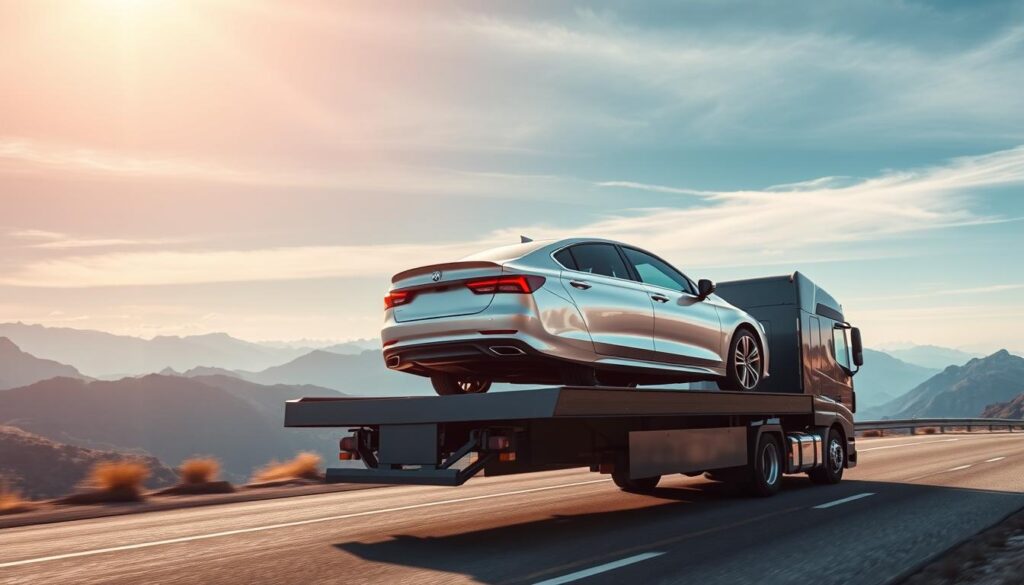A modern transport truck navigates a winding road, carrying a shiny, silver sedan on its flatbed. The scene is set against a backdrop of picturesque mountains and a vast, azure sky, illuminated by the warm glow of the sun. The truck's headlights cast a soft, diffused light, creating a sense of depth and atmosphere. In the foreground, the car is prominently displayed, its sleek lines and polished exterior reflecting the surrounding landscape. The composition emphasizes the seamless integration of the vehicle and its transport, conveying the reliable and efficient nature of the car shipping process. A modern transport truck navigates a winding road, carrying a shiny, silver sedan on its flatbed. The scene is set against a backdrop of picturesque mountains and a vast, azure sky, illuminated by the warm glow of the sun. The truck's headlights cast a soft, diffused light, creating a sense of depth and atmosphere. In the foreground, the car is prominently displayed, its sleek lines and polished exterior reflecting the surrounding landscape. The composition emphasizes the seamless integration of the vehicle and its transport, conveying the reliable and efficient nature of the car shipping process.