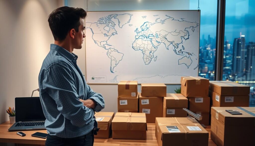 A modern, well-designed home office space with a laptop, stationery, and a large world map on the wall, illuminated by soft, diffused lighting. In the foreground, a thoughtful-looking person stands, contemplating the map and international shipping routes. The middle ground features neatly organized shipping materials, including boxes, labels, and a scale. The background showcases a large window overlooking a bustling city skyline, hinting at the global nature of the content. The overall atmosphere conveys a sense of professionalism, expertise, and the importance of reliable transportation for international auto part deliveries. A modern, well-designed home office space with a laptop, stationery, and a large world map on the wall, illuminated by soft, diffused lighting. In the foreground, a thoughtful-looking person stands, contemplating the map and international shipping routes. The middle ground features neatly organized shipping materials, including boxes, labels, and a scale. The background showcases a large window overlooking a bustling city skyline, hinting at the global nature of the content. The overall atmosphere conveys a sense of professionalism, expertise, and the importance of reliable transportation for international auto part deliveries.
