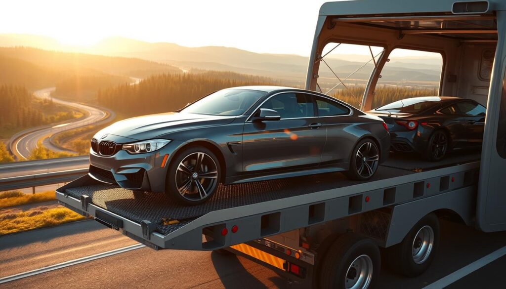 A modern, well-equipped car carrier transporting a sleek, mid-size sedan across the Canada-US border. The car is securely loaded onto the carrier's multi-level platform, surrounded by other vehicles. In the background, a scenic landscape of rolling hills, lush forests, and a glimpse of the highway stretches into the distance. Warm, golden sunlight bathes the scene, creating a sense of journey and adventure. The carrier's design is sturdy and efficient, with attention to aerodynamics and safety features. An authoritative, yet welcoming atmosphere pervades the image, conveying the reliable, professional nature of the cross-border vehicle shipping service. A modern, well-equipped car carrier transporting a sleek, mid-size sedan across the Canada-US border. The car is securely loaded onto the carrier's multi-level platform, surrounded by other vehicles. In the background, a scenic landscape of rolling hills, lush forests, and a glimpse of the highway stretches into the distance. Warm, golden sunlight bathes the scene, creating a sense of journey and adventure. The carrier's design is sturdy and efficient, with attention to aerodynamics and safety features. An authoritative, yet welcoming atmosphere pervades the image, conveying the reliable, professional nature of the cross-border vehicle shipping service.
