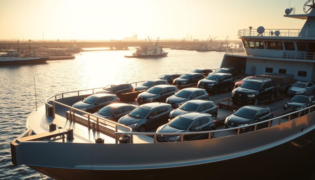 A modern, well-equipped cargo ship prominently displayed in the foreground, its deck filled with an assortment of sedans, SUVs, and trucks neatly arranged for safe transport. The vessel's sleek, metallic exterior gleams under the warm, golden sunlight, reflecting the calm waters of a harbor in the background. Cranes and loading equipment can be seen in the distance, indicating the efficient logistics behind this car shipping operation. The overall scene conveys a sense of professionalism, reliability, and the ease of transporting vehicles from the US to Canada. A modern, well-equipped cargo ship prominently displayed in the foreground, its deck filled with an assortment of sedans, SUVs, and trucks neatly arranged for safe transport. The vessel's sleek, metallic exterior gleams under the warm, golden sunlight, reflecting the calm waters of a harbor in the background. Cranes and loading equipment can be seen in the distance, indicating the efficient logistics behind this car shipping operation. The overall scene conveys a sense of professionalism, reliability, and the ease of transporting vehicles from the US to Canada.