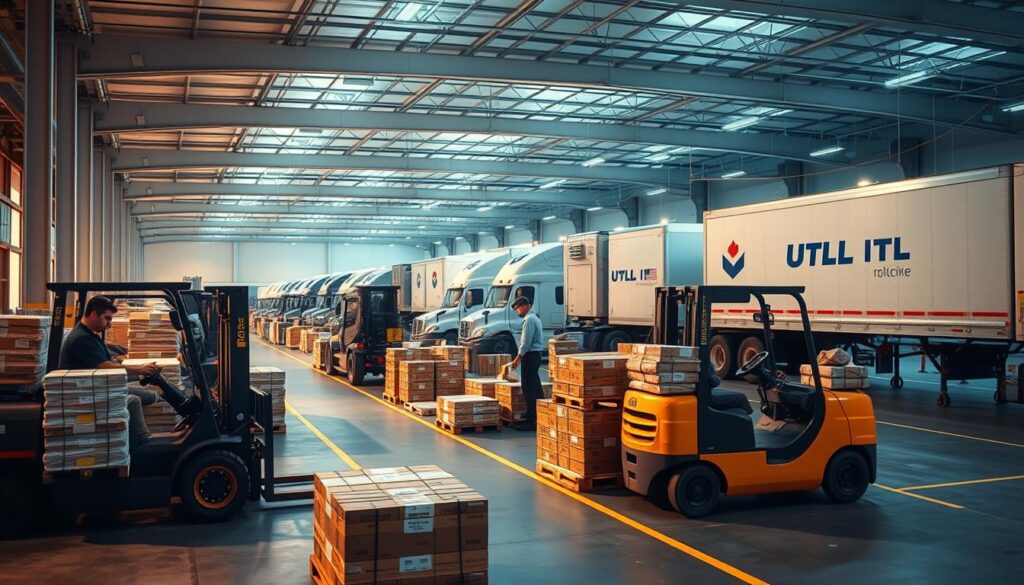 A modern, well-organized cargo hub with sleek, efficient LTL (less-than-truckload) shipping operations. In the foreground, forklifts deftly maneuver pallets of various goods, while in the middle ground, workers carefully inspect and label shipments. The background features a fleet of semi-trucks and trailers, their logos emblazoned on the sides, ready to transport the cargo across the Canada-US border. Soft, directional lighting illuminates the scene, casting subtle shadows and highlighting the streamlined workflow. The overall atmosphere conveys a sense of professionalism, reliability, and attention to detail - the hallmarks of a trusted cargo shipping service. A modern, well-organized cargo hub with sleek, efficient LTL (less-than-truckload) shipping operations. In the foreground, forklifts deftly maneuver pallets of various goods, while in the middle ground, workers carefully inspect and label shipments. The background features a fleet of semi-trucks and trailers, their logos emblazoned on the sides, ready to transport the cargo across the Canada-US border. Soft, directional lighting illuminates the scene, casting subtle shadows and highlighting the streamlined workflow. The overall atmosphere conveys a sense of professionalism, reliability, and attention to detail - the hallmarks of a trusted cargo shipping service.