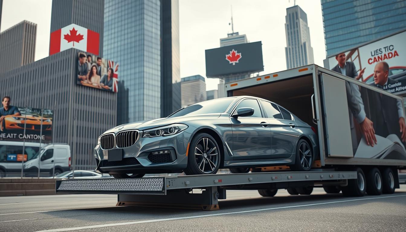 A photorealistic image of a shipping car from the USA to Canada, with a focus on the shipping estimate process. The scene depicts a mid-size sedan being loaded onto a transport truck, surrounded by a modern urban landscape with high-rise buildings and billboards. The lighting is natural, with soft shadows and highlights that accentuate the details of the car and the shipping equipment. The camera angle is slightly elevated, giving a clear view of the loading process and the surrounding environment. The mood is professional and informative, conveying a sense of the logistics and costs involved in transporting a vehicle across the border.