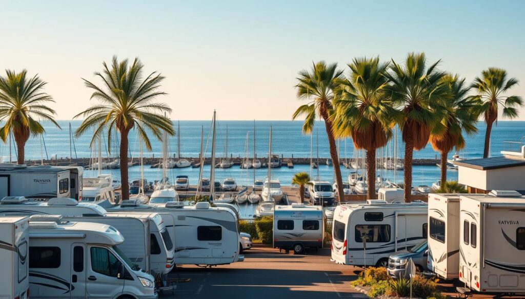 A picturesque scene of a coastal town, known as a popular "snowbird" destination. In the foreground, a line of neatly parked RVs and campers, their owners soaking up the sun and enjoying the mild winter weather. The middle ground features a bustling marina, with sailboats and yachts moored along the docks. In the background, a row of palm trees sway gently, framing a view of the sparkling blue ocean and a cloudless sky. The lighting is warm and golden, creating a tranquil, vacation-like atmosphere. A wide-angle lens captures the entire idyllic setting, inviting the viewer to imagine themselves relaxing in this quintessential snowbird haven. A picturesque scene of a coastal town, known as a popular "snowbird" destination. In the foreground, a line of neatly parked RVs and campers, their owners soaking up the sun and enjoying the mild winter weather. The middle ground features a bustling marina, with sailboats and yachts moored along the docks. In the background, a row of palm trees sway gently, framing a view of the sparkling blue ocean and a cloudless sky. The lighting is warm and golden, creating a tranquil, vacation-like atmosphere. A wide-angle lens captures the entire idyllic setting, inviting the viewer to imagine themselves relaxing in this quintessential snowbird haven.