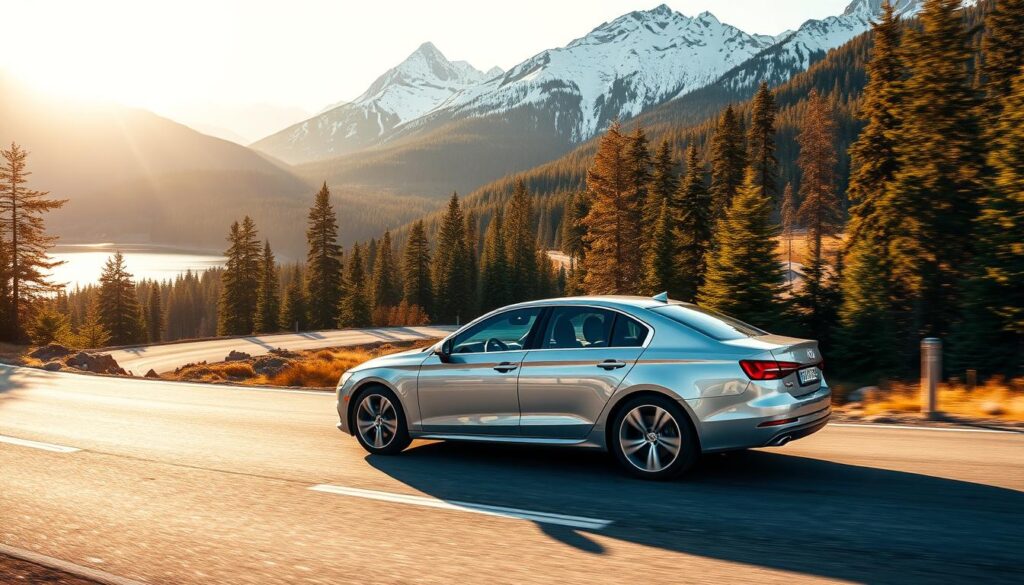 A pristine silver sedan navigates a winding mountain road, surrounded by lush evergreen forests and towering snow-capped peaks. The car's sleek lines and chrome accents gleam under the warm, golden light of a late afternoon sun, casting dramatic shadows across the smooth asphalt. In the distance, a tranquil lake reflects the majestic landscape, creating a serene and picturesque scene. The overall composition evokes a sense of adventure, freedom, and the remarkable natural beauty of the Canadian wilderness. A pristine silver sedan navigates a winding mountain road, surrounded by lush evergreen forests and towering snow-capped peaks. The car's sleek lines and chrome accents gleam under the warm, golden light of a late afternoon sun, casting dramatic shadows across the smooth asphalt. In the distance, a tranquil lake reflects the majestic landscape, creating a serene and picturesque scene. The overall composition evokes a sense of adventure, freedom, and the remarkable natural beauty of the Canadian wilderness.
