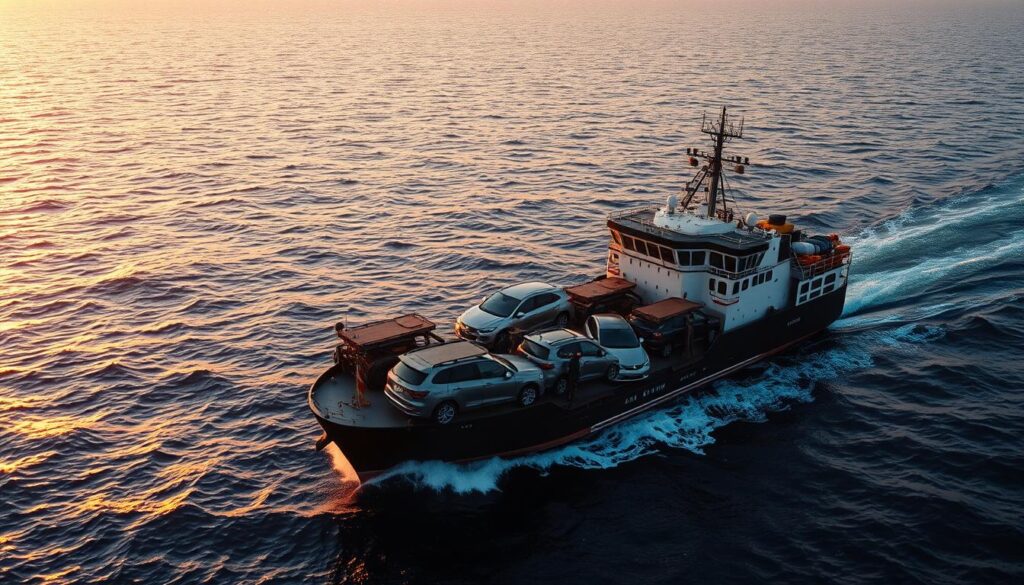 A professional transport ship carrying several vehicles, including cars and trucks, across a vast, open ocean under a warm, golden sunset. The ship's hull glides smoothly through the gently rippling waves, its powerful engines propelling it forward with efficiency. In the foreground, the vehicles are securely loaded and strapped down, their chrome and painted surfaces gleaming. The middle ground features the ship's bridge and superstructure, with the crew members hard at work ensuring a safe and timely delivery. The background is a breathtaking panorama of the open sea, with the horizon line illuminated by the setting sun, casting a warm, amber glow over the entire scene. A professional transport ship carrying several vehicles, including cars and trucks, across a vast, open ocean under a warm, golden sunset. The ship's hull glides smoothly through the gently rippling waves, its powerful engines propelling it forward with efficiency. In the foreground, the vehicles are securely loaded and strapped down, their chrome and painted surfaces gleaming. The middle ground features the ship's bridge and superstructure, with the crew members hard at work ensuring a safe and timely delivery. The background is a breathtaking panorama of the open sea, with the horizon line illuminated by the setting sun, casting a warm, amber glow over the entire scene.