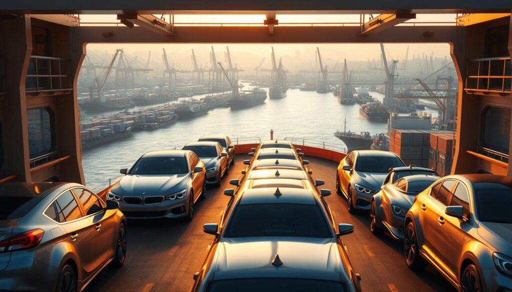 A realistic, high-quality rendering of a car shipping operation from the United States to Canada. The scene depicts a cargo ship in a harbor, with a row of cars neatly stacked and secured on the deck, ready for transport. The lighting is a warm, golden hue, creating a sense of daytime. In the background, there is a view of the harbor, with cranes, docks, and other shipping infrastructure. The overall atmosphere conveys the efficiency and professionalism of the car shipping industry, capturing the essence of the "Understanding the real cost to ship a car from the US to Canada today" section. A realistic, high-quality rendering of a car shipping operation from the United States to Canada. The scene depicts a cargo ship in a harbor, with a row of cars neatly stacked and secured on the deck, ready for transport. The lighting is a warm, golden hue, creating a sense of daytime. In the background, there is a view of the harbor, with cranes, docks, and other shipping infrastructure. The overall atmosphere conveys the efficiency and professionalism of the car shipping industry, capturing the essence of the "Understanding the real cost to ship a car from the US to Canada today" section.