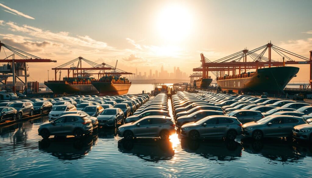 A scenic wide-angle view of a bustling vehicle shipping port, with towering cargo ships and massive car carriers lined up along the docks. In the foreground, a fleet of shiny new vehicles awaits loading onto the ships, their reflections glistening in the calm waters. Warm golden light filters through wispy clouds, casting a soft glow over the scene. In the background, a city skyline rises, blending seamlessly with the horizon. The atmosphere is one of efficient logistics and international trade, capturing the essence of modern car shipping from Canada to the US. A scenic wide-angle view of a bustling vehicle shipping port, with towering cargo ships and massive car carriers lined up along the docks. In the foreground, a fleet of shiny new vehicles awaits loading onto the ships, their reflections glistening in the calm waters. Warm golden light filters through wispy clouds, casting a soft glow over the scene. In the background, a city skyline rises, blending seamlessly with the horizon. The atmosphere is one of efficient logistics and international trade, capturing the essence of modern car shipping from Canada to the US.