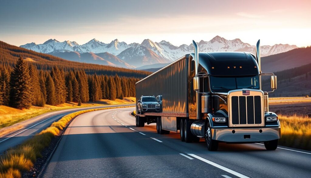 A semi-truck transporting a car carrier trailer winds its way through the scenic Canadian countryside, the majestic Rocky Mountains in the distance. The front of the truck is adorned with the stars and stripes, symbolizing the journey from the United States. The car carrier is loaded with shiny new vehicles, their reflections catching the warm afternoon sunlight. In the foreground, a well-maintained highway stretches out, flanked by lush pine forests and rolling hills. The image conveys the reliable and efficient process of car shipping from the US to Canada, a critical service for both individuals and businesses. A semi-truck transporting a car carrier trailer winds its way through the scenic Canadian countryside, the majestic Rocky Mountains in the distance. The front of the truck is adorned with the stars and stripes, symbolizing the journey from the United States. The car carrier is loaded with shiny new vehicles, their reflections catching the warm afternoon sunlight. In the foreground, a well-maintained highway stretches out, flanked by lush pine forests and rolling hills. The image conveys the reliable and efficient process of car shipping from the US to Canada, a critical service for both individuals and businesses.