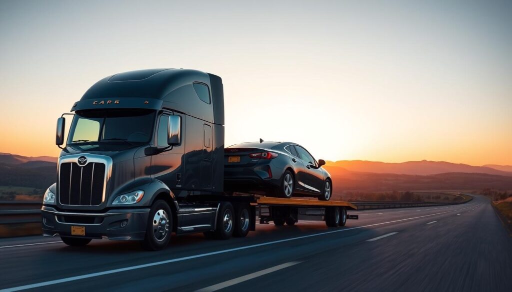 A sleek car transport truck navigates a scenic highway, bridging the distance between the United States and Canada. The truck's chrome exterior gleams under the warm, golden lighting of a sunset sky. In the foreground, the car being transported sits securely on the truck's platform, its pristine finish reflecting the changing hues of the landscape. The middle ground features rolling hills and lush forests, blending seamlessly with the distant horizon. The overall atmosphere conveys a sense of smooth, efficient transportation, connecting the two North American neighbors with ease and reliability. A sleek car transport truck navigates a scenic highway, bridging the distance between the United States and Canada. The truck's chrome exterior gleams under the warm, golden lighting of a sunset sky. In the foreground, the car being transported sits securely on the truck's platform, its pristine finish reflecting the changing hues of the landscape. The middle ground features rolling hills and lush forests, blending seamlessly with the distant horizon. The overall atmosphere conveys a sense of smooth, efficient transportation, connecting the two North American neighbors with ease and reliability.