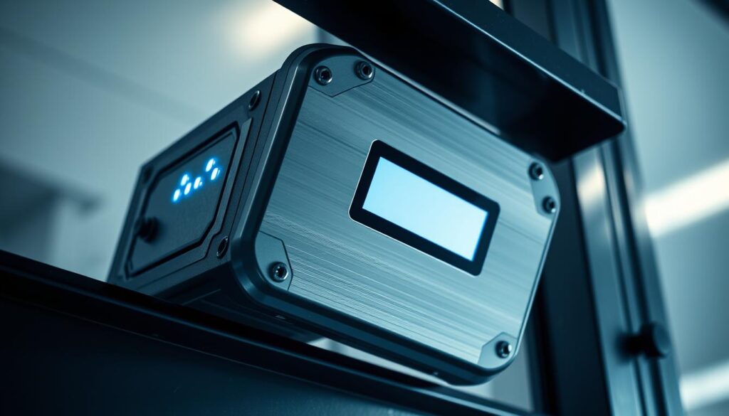 A sleek, high-tech GPS tracking device encased in a rugged, tamper-proof housing. Metallic silver casing with precise etched details, mounted securely in a sturdy metal frame. Glowing display panel and a series of indicator lights, emitting a faint blue glow. The device is photographed from a low, slightly angled perspective, casting dramatic shadows and highlights. The lighting is cool and industrial, creating an atmosphere of reliability and cutting-edge technology. The background is blurred, but suggests a clean, minimalist environment, perhaps an office or a shipping facility. The overall impression conveys the advanced, state-of-the-art nature of the GPS tracking system, instilling a sense of confidence in the safety and reliability of the transportation service.