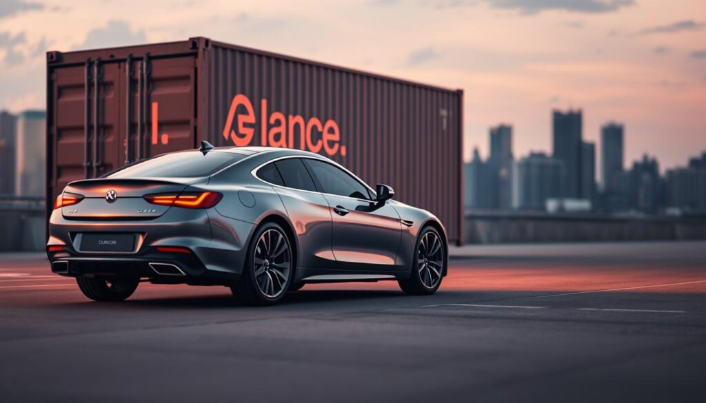 A sleek, metallic car sits prominently in the foreground, its gleaming surface reflecting the soft, warm lighting of the scene. In the middle ground, a shipping container adorned with prominent "At a Glance" branding stands ready to transport the vehicle. The background is a blurred, minimalist cityscape, hinting at the journey the car is about to embark on. The overall composition conveys a sense of professionalism, efficiency, and the seamless process of car shipping from the US to Canada. The lighting is carefully crafted to create a sense of high-end, premium quality. A sleek, metallic car sits prominently in the foreground, its gleaming surface reflecting the soft, warm lighting of the scene. In the middle ground, a shipping container adorned with prominent "At a Glance" branding stands ready to transport the vehicle. The background is a blurred, minimalist cityscape, hinting at the journey the car is about to embark on. The overall composition conveys a sense of professionalism, efficiency, and the seamless process of car shipping from the US to Canada. The lighting is carefully crafted to create a sense of high-end, premium quality.