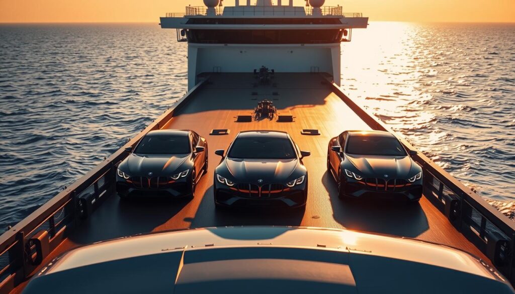 A sleek, modern car carrier ship transporting several gleaming automobiles across a vast expanse of shimmering ocean waters. The ship's deck is bathed in warm, golden sunlight, creating dynamic shadows that play across the vehicles' polished surfaces. In the background, a horizon line stretches out, hinting at the cargo's distant destination. The camera angle captures the scene from a low, dynamic perspective, emphasizing the scale and power of the ship and its precious cargo. The overall mood is one of efficiency, reliability, and the seamless movement of goods across borders. A sleek, modern car carrier ship transporting several gleaming automobiles across a vast expanse of shimmering ocean waters. The ship's deck is bathed in warm, golden sunlight, creating dynamic shadows that play across the vehicles' polished surfaces. In the background, a horizon line stretches out, hinting at the cargo's distant destination. The camera angle captures the scene from a low, dynamic perspective, emphasizing the scale and power of the ship and its precious cargo. The overall mood is one of efficiency, reliability, and the seamless movement of goods across borders.