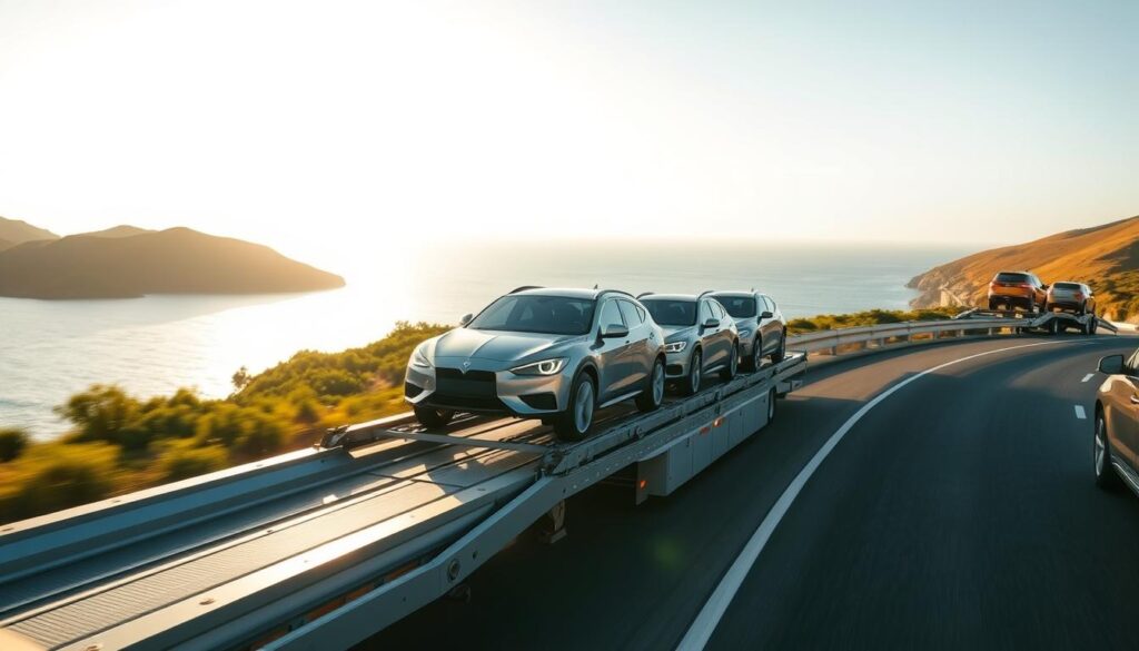 A sleek, modern car carrier transports a fleet of gleaming vehicles along a winding coastal highway. The sun casts a golden glow, illuminating the metallic exteriors as they glide effortlessly towards their destination. In the foreground, the carrier's sturdy frame and hydraulic ramps stand ready to efficiently load and unload the precious cargo. The middle ground showcases the serene seaside scenery, with rolling hills and lush greenery framing the scene. In the background, a cloudless sky stretches endlessly, creating a tranquil atmosphere conducive to safe and reliable cross-border auto transport. A sleek, modern car carrier transports a fleet of gleaming vehicles along a winding coastal highway. The sun casts a golden glow, illuminating the metallic exteriors as they glide effortlessly towards their destination. In the foreground, the carrier's sturdy frame and hydraulic ramps stand ready to efficiently load and unload the precious cargo. The middle ground showcases the serene seaside scenery, with rolling hills and lush greenery framing the scene. In the background, a cloudless sky stretches endlessly, creating a tranquil atmosphere conducive to safe and reliable cross-border auto transport.