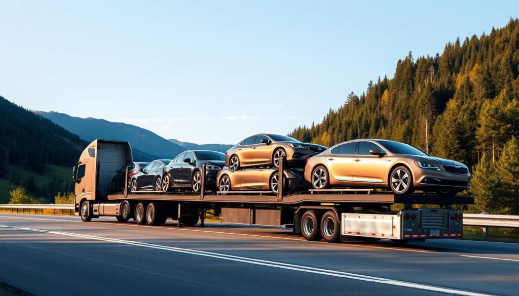 A sleek, modern car carrier truck transports a fleet of shiny, well-maintained vehicles against a scenic backdrop of rolling hills, lush forests, and a clear blue sky. The truck's powerful chassis and sturdy loading ramp enable the efficient and secure loading and unloading of cars, while the driver's skilled maneuvering ensures a smooth, safe journey. The scene conveys a sense of reliability, professionalism, and attention to detail, highlighting the high-quality vehicle transport services being offered from the U.S. to Canada. Soft, diffused lighting casts a warm, inviting glow over the entire composition, creating an atmosphere of trust and satisfaction. A sleek, modern car carrier truck transports a fleet of shiny, well-maintained vehicles against a scenic backdrop of rolling hills, lush forests, and a clear blue sky. The truck's powerful chassis and sturdy loading ramp enable the efficient and secure loading and unloading of cars, while the driver's skilled maneuvering ensures a smooth, safe journey. The scene conveys a sense of reliability, professionalism, and attention to detail, highlighting the high-quality vehicle transport services being offered from the U.S. to Canada. Soft, diffused lighting casts a warm, inviting glow over the entire composition, creating an atmosphere of trust and satisfaction.