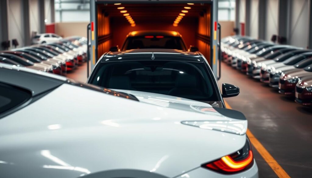 A sleek, modern delivery car in a professional auto shipping yard, with a car being loaded onto the back. The car has a bold, distinctive design and a striking color. The delivery car is parked in the foreground, with a clear view of the loading process in the middle ground. In the background, there are rows of other vehicles waiting to be transported, creating a sense of a well-organized and efficient operation. The lighting is a mix of natural daylight and warm, ambient lighting, highlighting the details of the vehicles. The angle is slightly elevated, providing a comprehensive view of the scene. The overall mood is one of professionalism, reliability, and trust in the Canada to US car transport services. A sleek, modern delivery car in a professional auto shipping yard, with a car being loaded onto the back. The car has a bold, distinctive design and a striking color. The delivery car is parked in the foreground, with a clear view of the loading process in the middle ground. In the background, there are rows of other vehicles waiting to be transported, creating a sense of a well-organized and efficient operation. The lighting is a mix of natural daylight and warm, ambient lighting, highlighting the details of the vehicles. The angle is slightly elevated, providing a comprehensive view of the scene. The overall mood is one of professionalism, reliability, and trust in the Canada to US car transport services.