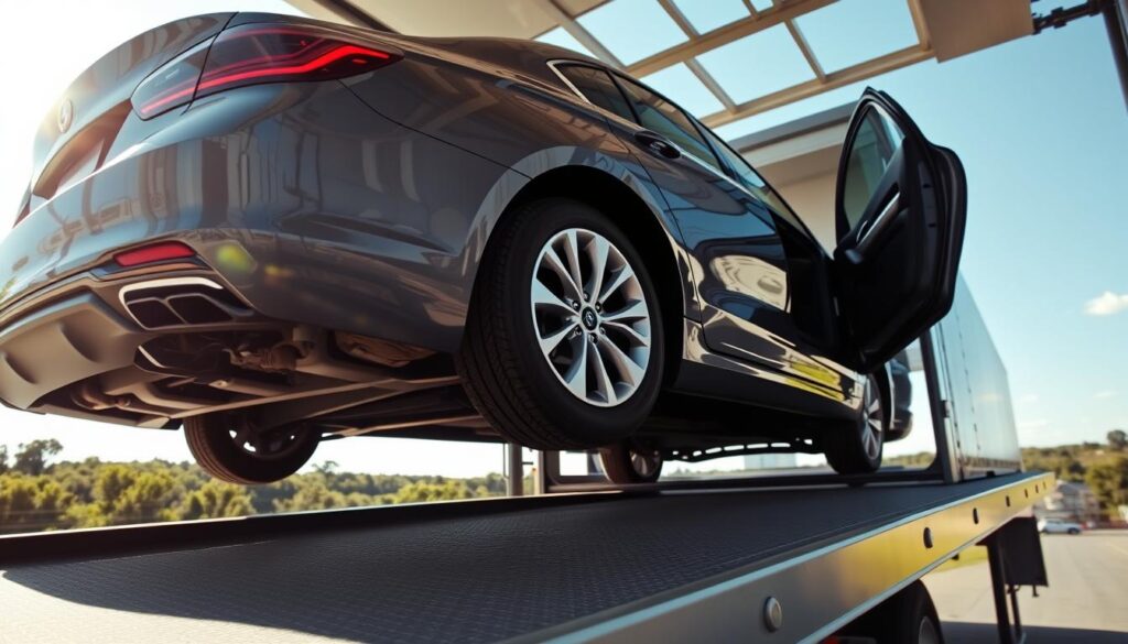 A sleek, modern sedan being loaded onto a car carrier for transport, photographed from a low angle against a bright, sunny sky. The car's shiny metallic finish reflects the surrounding environment, giving a sense of movement and momentum. In the foreground, the car's tires are being secured to the carrier's deck, with the driver's side door slightly ajar, suggesting the final preparations for the journey. The middle ground features the towering car carrier, its imposing structure and efficient design conveying a sense of reliability and professionalism. The background showcases a tranquil, suburban landscape, with lush greenery and a few distant buildings, creating a peaceful and contextual setting for the transportation scene. A sleek, modern sedan being loaded onto a car carrier for transport, photographed from a low angle against a bright, sunny sky. The car's shiny metallic finish reflects the surrounding environment, giving a sense of movement and momentum. In the foreground, the car's tires are being secured to the carrier's deck, with the driver's side door slightly ajar, suggesting the final preparations for the journey. The middle ground features the towering car carrier, its imposing structure and efficient design conveying a sense of reliability and professionalism. The background showcases a tranquil, suburban landscape, with lush greenery and a few distant buildings, creating a peaceful and contextual setting for the transportation scene.