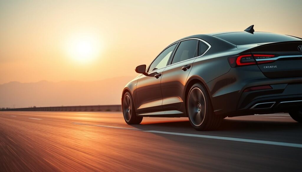 A sleek, modern sedan navigating the open road, its aerodynamic curves catching the warm glow of the setting sun. The vehicle is positioned in the foreground, showcasing its bold, confident stance and chrome accents that glisten in the soft lighting. In the middle ground, the background gradually transitions to a hazy, scenic landscape, suggesting the car's potential for long-distance, cross-border travel. The overall mood is one of seamless, effortless transportation, capturing the essence of a trusted, reliable vehicle ready to transport its owner across borders and beyond. A sleek, modern sedan navigating the open road, its aerodynamic curves catching the warm glow of the setting sun. The vehicle is positioned in the foreground, showcasing its bold, confident stance and chrome accents that glisten in the soft lighting. In the middle ground, the background gradually transitions to a hazy, scenic landscape, suggesting the car's potential for long-distance, cross-border travel. The overall mood is one of seamless, effortless transportation, capturing the essence of a trusted, reliable vehicle ready to transport its owner across borders and beyond.