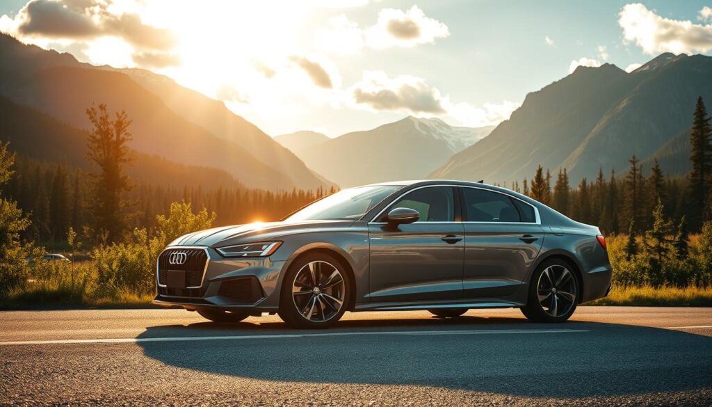 A sleek, modern sedan resting on a sun-dappled road, surrounded by lush greenery and towering mountains in the distance. The car's gleaming chrome trim and bold, distinctive styling evoke a sense of American automotive power and Canadian wilderness. Warm, golden light filters through scattered clouds, casting a soft, cinematic glow over the scene. The composition is balanced and dynamic, with the vehicle positioned at a slight angle to create a sense of forward motion. The overall mood is one of adventure, freedom, and the awe-inspiring beauty of the North American landscape. A sleek, modern sedan resting on a sun-dappled road, surrounded by lush greenery and towering mountains in the distance. The car's gleaming chrome trim and bold, distinctive styling evoke a sense of American automotive power and Canadian wilderness. Warm, golden light filters through scattered clouds, casting a soft, cinematic glow over the scene. The composition is balanced and dynamic, with the vehicle positioned at a slight angle to create a sense of forward motion. The overall mood is one of adventure, freedom, and the awe-inspiring beauty of the North American landscape.