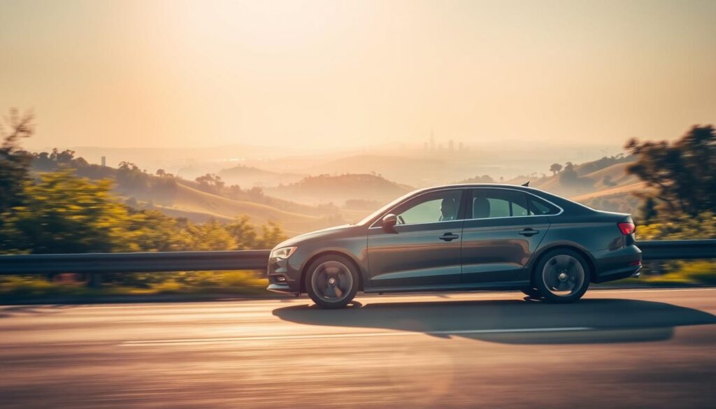 A sleek, modern sedan sits prominently in the foreground, its glossy paint reflecting the soft, warm lighting of a sun-dappled highway. In the middle ground, rolling hills and lush green foliage frame the scene, conveying a sense of tranquility and movement. The background is hazy, with a distant cityscape visible, suggesting the journey's destination. The composition is balanced, with the car angled slightly to the side, inviting the viewer to imagine themselves behind the wheel. The overall mood is one of efficiency, comfort, and the freedom of the open road. A sleek, modern sedan sits prominently in the foreground, its glossy paint reflecting the soft, warm lighting of a sun-dappled highway. In the middle ground, rolling hills and lush green foliage frame the scene, conveying a sense of tranquility and movement. The background is hazy, with a distant cityscape visible, suggesting the journey's destination. The composition is balanced, with the car angled slightly to the side, inviting the viewer to imagine themselves behind the wheel. The overall mood is one of efficiency, comfort, and the freedom of the open road.