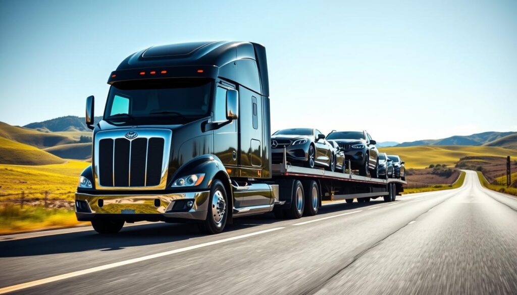 A sleek, modern semi-truck transporting a trailer full of automobiles on a well-lit highway, surrounded by lush, rolling hills and a clear, blue sky. The truck's glossy exterior reflects the sun's rays, and the trailer's tires hug the smooth asphalt road. In the foreground, the truck's imposing grill and headlights command attention, while the middle ground showcases the various car models securely loaded within the trailer. The background features a serene, picturesque landscape, creating a sense of tranquility and professionalism. The overall scene conveys the reliability, efficiency, and attention to detail that characterize the auto shipping services. A sleek, modern semi-truck transporting a trailer full of automobiles on a well-lit highway, surrounded by lush, rolling hills and a clear, blue sky. The truck's glossy exterior reflects the sun's rays, and the trailer's tires hug the smooth asphalt road. In the foreground, the truck's imposing grill and headlights command attention, while the middle ground showcases the various car models securely loaded within the trailer. The background features a serene, picturesque landscape, creating a sense of tranquility and professionalism. The overall scene conveys the reliability, efficiency, and attention to detail that characterize the auto shipping services.