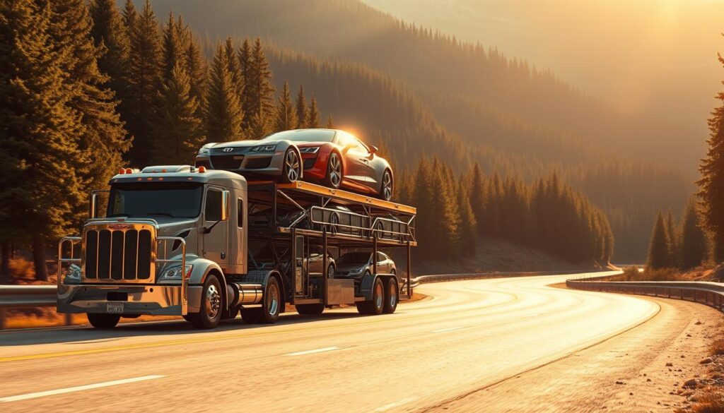 A sleek silver car carrier truck, its bed loaded with a diverse array of vehicles, navigates a winding highway flanked by lush pine forests and towering mountains. The scene is bathed in warm golden light, casting long shadows and creating a sense of depth and drama. The truck's chrome accents glint in the sunlight, while its powerful engine rumbles with quiet authority. In the foreground, the car being transported shines with a glossy finish, its curves and contours accentuated by the carefully composed lighting. The overall atmosphere conveys a sense of efficiency, reliability, and the seamless transportation of valuable cargo from the United States to Canada. A sleek silver car carrier truck, its bed loaded with a diverse array of vehicles, navigates a winding highway flanked by lush pine forests and towering mountains. The scene is bathed in warm golden light, casting long shadows and creating a sense of depth and drama. The truck's chrome accents glint in the sunlight, while its powerful engine rumbles with quiet authority. In the foreground, the car being transported shines with a glossy finish, its curves and contours accentuated by the carefully composed lighting. The overall atmosphere conveys a sense of efficiency, reliability, and the seamless transportation of valuable cargo from the United States to Canada.
