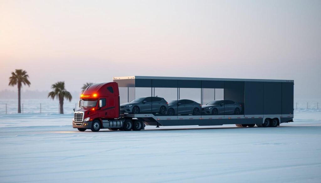 A snow-covered landscape with a large, enclosed car transport truck prominently in the foreground, its trailer filled with a line of sleek, shiny vehicles. The truck is illuminated by warm, golden headlights that cast a soft glow over the scene. In the middle ground, a row of palm trees sways gently in a light breeze, hinting at the warm, sunny climate of the destination. The background is a hazy, blurred horizon, evoking a sense of motion and travel. The overall composition conveys the idea of "snowbirds" - retirees who migrate to warmer climates during the winter months, and the reliable, efficient transportation of their vehicles across the border. A snow-covered landscape with a large, enclosed car transport truck prominently in the foreground, its trailer filled with a line of sleek, shiny vehicles. The truck is illuminated by warm, golden headlights that cast a soft glow over the scene. In the middle ground, a row of palm trees sways gently in a light breeze, hinting at the warm, sunny climate of the destination. The background is a hazy, blurred horizon, evoking a sense of motion and travel. The overall composition conveys the idea of "snowbirds" - retirees who migrate to warmer climates during the winter months, and the reliable, efficient transportation of their vehicles across the border.