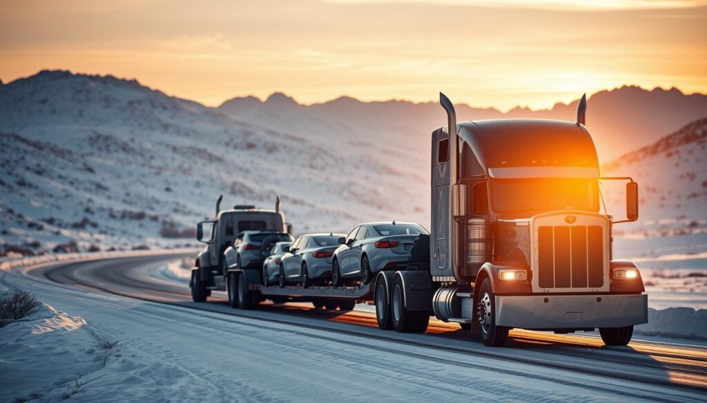A snow-covered road winds through a mountainous landscape, as a large semi-truck transports a row of gleaming vehicles on a specialized car carrier trailer. The scene is bathed in the soft, warm glow of a setting sun, casting long shadows and a sense of tranquility. In the foreground, the truck's powerful headlights pierce the gathering dusk, illuminating the intricate details of the car-carrying mechanism. The middle ground features the majestic, snow-capped peaks of the Rocky Mountains, while the background fades into a hazy, pastel-colored sky. This image conveys the importance of safe, reliable vehicle transportation during the challenging winter months, when driving long distances can be treacherous. A snow-covered road winds through a mountainous landscape, as a large semi-truck transports a row of gleaming vehicles on a specialized car carrier trailer. The scene is bathed in the soft, warm glow of a setting sun, casting long shadows and a sense of tranquility. In the foreground, the truck's powerful headlights pierce the gathering dusk, illuminating the intricate details of the car-carrying mechanism. The middle ground features the majestic, snow-capped peaks of the Rocky Mountains, while the background fades into a hazy, pastel-colored sky. This image conveys the importance of safe, reliable vehicle transportation during the challenging winter months, when driving long distances can be treacherous.