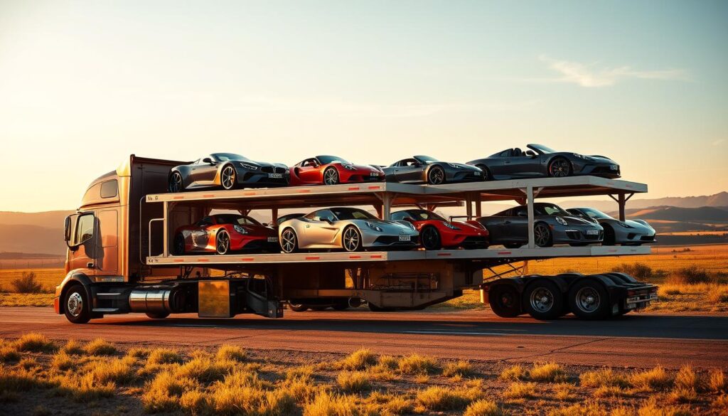 A specialized vehicle transport carrier, a towering semi-trailer with reinforced flatbed, hauling a diverse fleet of luxury cars, exotic sports vehicles, and classic automobiles. The scene is bathed in warm, golden-hour lighting, casting long shadows and lending a sense of grandeur to the proceedings. The carrier's metallic chassis gleams under the sun, while the loaded vehicles are positioned with meticulous care, their vibrant colors and glossy finishes accentuated. In the background, a picturesque rural landscape unfolds, with rolling hills and a cloudless sky, creating a serene, cinematic atmosphere for this high-end transportation operation. A specialized vehicle transport carrier, a towering semi-trailer with reinforced flatbed, hauling a diverse fleet of luxury cars, exotic sports vehicles, and classic automobiles. The scene is bathed in warm, golden-hour lighting, casting long shadows and lending a sense of grandeur to the proceedings. The carrier's metallic chassis gleams under the sun, while the loaded vehicles are positioned with meticulous care, their vibrant colors and glossy finishes accentuated. In the background, a picturesque rural landscape unfolds, with rolling hills and a cloudless sky, creating a serene, cinematic atmosphere for this high-end transportation operation.
