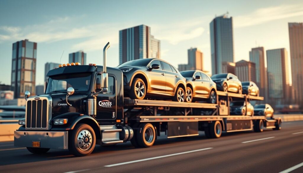 A striking image of a vehicle transport truck carrying multiple cars, captured with a wide-angle lens to showcase its imposing scale. The truck's glossy black exterior gleams under the warm afternoon sunlight, while the cars it carries range from sleek sedans to rugged SUVs. The foreground is sharply in focus, drawing the viewer's attention to the meticulous details of the transport vehicle and its cargo. In the background, a blurred urban landscape suggests the journey's destination, with towering skyscrapers and a clear blue sky creating a sense of momentum and professionalism. The overall atmosphere conveys a sense of reliability, safety, and expertise in the Canada to USA car shipping industry. A striking image of a vehicle transport truck carrying multiple cars, captured with a wide-angle lens to showcase its imposing scale. The truck's glossy black exterior gleams under the warm afternoon sunlight, while the cars it carries range from sleek sedans to rugged SUVs. The foreground is sharply in focus, drawing the viewer's attention to the meticulous details of the transport vehicle and its cargo. In the background, a blurred urban landscape suggests the journey's destination, with towering skyscrapers and a clear blue sky creating a sense of momentum and professionalism. The overall atmosphere conveys a sense of reliability, safety, and expertise in the Canada to USA car shipping industry.