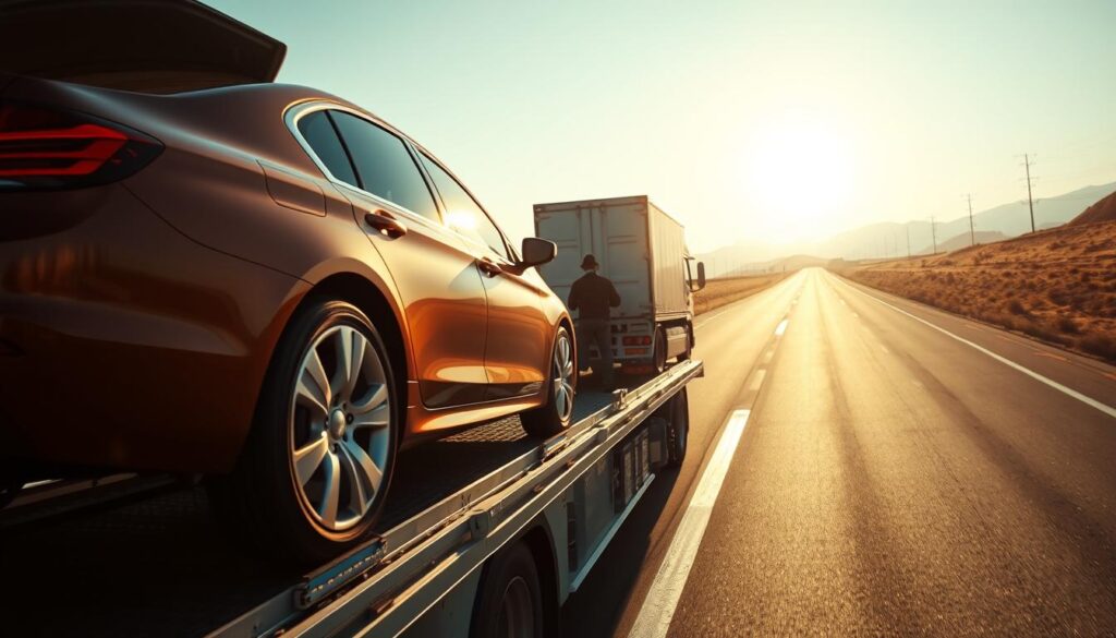A sun-dappled highway, a car carrier transporting vehicles from coast to coast. In the foreground, a sleek sedan is being loaded onto the trailer, its glossy paint reflecting the golden light. The middle ground reveals the intricate process, with workers expertly securing the car, ensuring a safe journey. In the background, the open road stretches out, signifying the start-to-finish process of vehicle transport, from pickup to delivery. The scene is captured with a wide-angle lens, conveying a sense of scale and the meticulous care taken throughout the entire operation. The overall mood is one of efficiency, professionalism, and the thrill of cross-border transportation. A sun-dappled highway, a car carrier transporting vehicles from coast to coast. In the foreground, a sleek sedan is being loaded onto the trailer, its glossy paint reflecting the golden light. The middle ground reveals the intricate process, with workers expertly securing the car, ensuring a safe journey. In the background, the open road stretches out, signifying the start-to-finish process of vehicle transport, from pickup to delivery. The scene is captured with a wide-angle lens, conveying a sense of scale and the meticulous care taken throughout the entire operation. The overall mood is one of efficiency, professionalism, and the thrill of cross-border transportation.