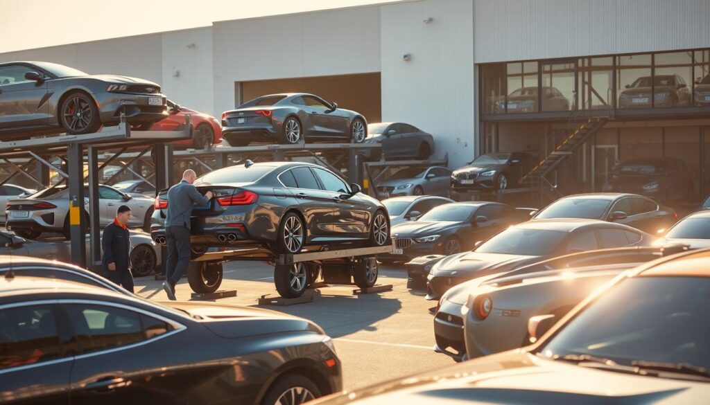 A sun-dappled scene of a bustling car transport depot, with a fleet of towering car carriers loading and unloading their precious cargo. In the foreground, a pair of skilled operators guide a shiny sedan onto the hydraulic lift, their movements precise and efficient. The middle ground is filled with a diverse array of vehicles, from sleek sports cars to rugged SUVs, awaiting their turn to be transported. In the background, a modern warehouse looms, its glass facade reflecting the dynamic activity. The lighting is warm and natural, casting soft shadows and highlights that accentuate the curves and contours of the automobiles. The atmosphere is one of organized chaos, where the precision of logistics meets the thrill of the open road. A sun-dappled scene of a bustling car transport depot, with a fleet of towering car carriers loading and unloading their precious cargo. In the foreground, a pair of skilled operators guide a shiny sedan onto the hydraulic lift, their movements precise and efficient. The middle ground is filled with a diverse array of vehicles, from sleek sports cars to rugged SUVs, awaiting their turn to be transported. In the background, a modern warehouse looms, its glass facade reflecting the dynamic activity. The lighting is warm and natural, casting soft shadows and highlights that accentuate the curves and contours of the automobiles. The atmosphere is one of organized chaos, where the precision of logistics meets the thrill of the open road.