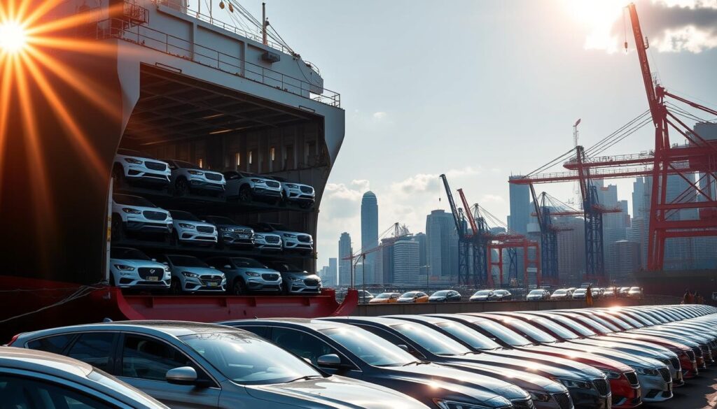 A vast cargo ship docked at a bustling Canadian port, its cavernous hold brimming with neatly stacked automobiles. Sunlight filters through the rigging, casting a warm glow over the scene. In the foreground, a row of freshly unloaded cars, their gleaming exteriors reflecting the surrounding activity. In the background, a cityscape of towering skyscrapers and cranes, a testament to the scale of the international car shipping industry. The composition captures the efficiency and logistics of transporting vehicles from the United States to Canada, ready to be driven off and distributed to their final destinations. A vast cargo ship docked at a bustling Canadian port, its cavernous hold brimming with neatly stacked automobiles. Sunlight filters through the rigging, casting a warm glow over the scene. In the foreground, a row of freshly unloaded cars, their gleaming exteriors reflecting the surrounding activity. In the background, a cityscape of towering skyscrapers and cranes, a testament to the scale of the international car shipping industry. The composition captures the efficiency and logistics of transporting vehicles from the United States to Canada, ready to be driven off and distributed to their final destinations.