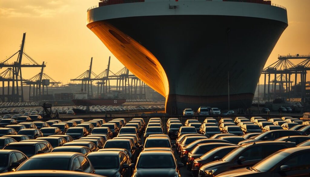 A vast cargo ship looms in the foreground, its massive frame casting a shadow over the bustling port. In the middle ground, rows of gleaming automobiles await their transatlantic journey, their shiny surfaces reflecting the warm, golden light of the setting sun. In the background, a cityscape of towering cranes and storage facilities hint at the scale and complexity of the vehicle shipping industry. The scene is captured with a cinematic, wide-angle lens, emphasizing the grand scale and importance of this critical logistics operation. The overall mood is one of efficiency, precision, and the seamless flow of global trade. A vast cargo ship looms in the foreground, its massive frame casting a shadow over the bustling port. In the middle ground, rows of gleaming automobiles await their transatlantic journey, their shiny surfaces reflecting the warm, golden light of the setting sun. In the background, a cityscape of towering cranes and storage facilities hint at the scale and complexity of the vehicle shipping industry. The scene is captured with a cinematic, wide-angle lens, emphasizing the grand scale and importance of this critical logistics operation. The overall mood is one of efficiency, precision, and the seamless flow of global trade.