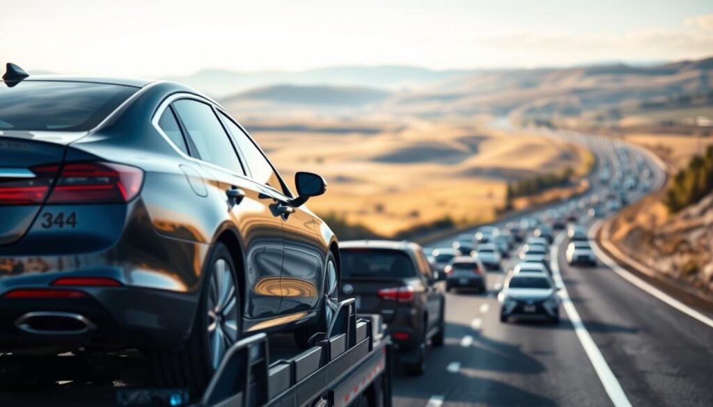 A vast highway snakes through the lush Canadian landscape, its winding lanes dotted with car carriers transporting gleaming vehicles. In the foreground, a sleek sedan gently sways atop a specialized trailer, its chrome accents gleaming under the warm, diffused sunlight. The middle ground reveals rows of cars in various models and colors, all securely fastened and ready for their journey south. In the distance, the horizon blurs as the route extends into the United States, framed by a cloudless sky and rolling hills. The scene conveys a sense of efficiency, safety, and reliability - the hallmarks of a professional car transport service connecting Canada and the USA. A vast highway snakes through the lush Canadian landscape, its winding lanes dotted with car carriers transporting gleaming vehicles. In the foreground, a sleek sedan gently sways atop a specialized trailer, its chrome accents gleaming under the warm, diffused sunlight. The middle ground reveals rows of cars in various models and colors, all securely fastened and ready for their journey south. In the distance, the horizon blurs as the route extends into the United States, framed by a cloudless sky and rolling hills. The scene conveys a sense of efficiency, safety, and reliability - the hallmarks of a professional car transport service connecting Canada and the USA.