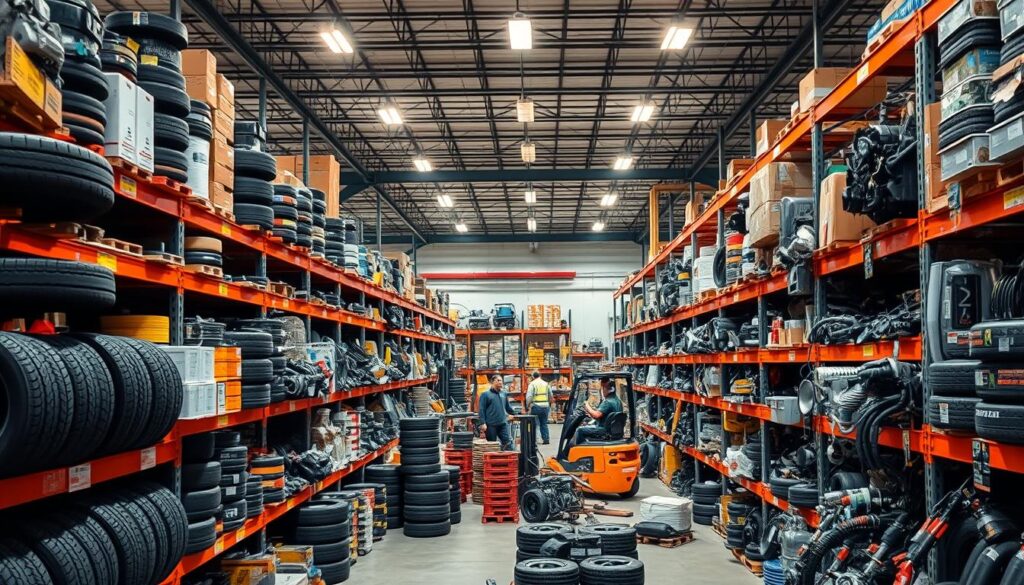 A well-lit automotive warehouse filled with an abundance of automotive parts, neatly organized on shelves. In the foreground, a variety of tires, filters, and other commonly replaced components are displayed. The middle ground showcases an array of engine parts, brake systems, and electrical components, all easily accessible. In the background, forklifts and workers can be seen efficiently moving inventory, highlighting the efficient logistics and distribution. The lighting is warm and inviting, creating a sense of accessibility and availability for the parts. The overall atmosphere conveys the ease and reliability of sourcing automotive parts from the United States for shipment to Canada. A well-lit automotive warehouse filled with an abundance of automotive parts, neatly organized on shelves. In the foreground, a variety of tires, filters, and other commonly replaced components are displayed. The middle ground showcases an array of engine parts, brake systems, and electrical components, all easily accessible. In the background, forklifts and workers can be seen efficiently moving inventory, highlighting the efficient logistics and distribution. The lighting is warm and inviting, creating a sense of accessibility and availability for the parts. The overall atmosphere conveys the ease and reliability of sourcing automotive parts from the United States for shipment to Canada.