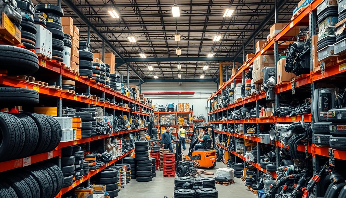 A well-lit automotive warehouse filled with an abundance of automotive parts, neatly organized on shelves. In the foreground, a variety of tires, filters, and other commonly replaced components are displayed. The middle ground showcases an array of engine parts, brake systems, and electrical components, all easily accessible. In the background, forklifts and workers can be seen efficiently moving inventory, highlighting the efficient logistics and distribution. The lighting is warm and inviting, creating a sense of accessibility and availability for the parts. The overall atmosphere conveys the ease and reliability of sourcing automotive parts from the United States for shipment to Canada.