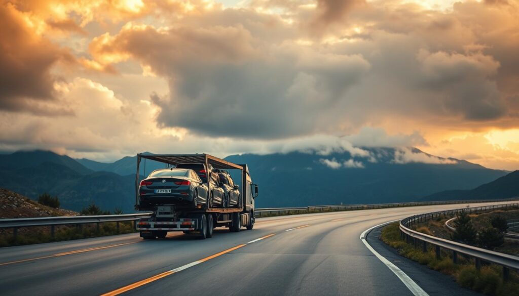 A well-lit, cinematic scene of a vehicle transport truck on a winding highway, with mountains and a cloudy sky in the background. The truck is carrying multiple cars, creating a sense of motion and commerce. The lighting is soft and warm, casting a golden hue across the scene. The camera angle is slightly elevated, giving a bird's-eye view of the transport process. The overall mood is one of efficiency, reliability, and the smooth operation of a cross-border automotive shipping service. A well-lit, cinematic scene of a vehicle transport truck on a winding highway, with mountains and a cloudy sky in the background. The truck is carrying multiple cars, creating a sense of motion and commerce. The lighting is soft and warm, casting a golden hue across the scene. The camera angle is slightly elevated, giving a bird's-eye view of the transport process. The overall mood is one of efficiency, reliability, and the smooth operation of a cross-border automotive shipping service.