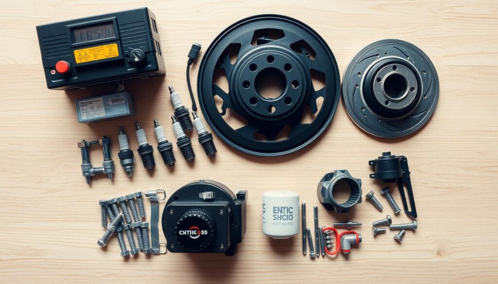 A well-lit, high-angle overhead shot of a variety of auto parts neatly arranged on a clean, uncluttered wooden table or workbench. The parts include a car battery, a set of spark plugs, a brake rotor, a fuel filter, and a selection of bolts and fasteners. The lighting is bright and even, casting minimal shadows to highlight the details and textures of the parts. The background is blurred, suggesting a clean, minimalist studio setting. The overall composition conveys a sense of organization, attention to detail, and the technical precision required for properly shipping and transporting these critical car components. A well-lit, high-angle overhead shot of a variety of auto parts neatly arranged on a clean, uncluttered wooden table or workbench. The parts include a car battery, a set of spark plugs, a brake rotor, a fuel filter, and a selection of bolts and fasteners. The lighting is bright and even, casting minimal shadows to highlight the details and textures of the parts. The background is blurred, suggesting a clean, minimalist studio setting. The overall composition conveys a sense of organization, attention to detail, and the technical precision required for properly shipping and transporting these critical car components.
