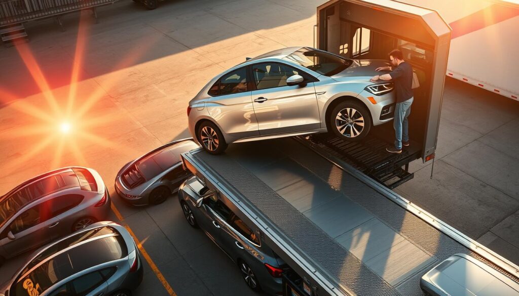 A well-lit, high-angle shot of a car being expertly loaded onto a sturdy auto transport truck, with the sun's rays casting a warm glow over the scene. The driver carefully guides the vehicle onto the platform, their years of experience evident in their precise movements. In the background, rows of sleek, modern cars await their turn, reflecting the reliability and professionalism of the transport company. The overall atmosphere conveys a sense of efficiency, safety, and the care taken to ensure a seamless car transport experience from the USA to Canada. A well-lit, high-angle shot of a car being expertly loaded onto a sturdy auto transport truck, with the sun's rays casting a warm glow over the scene. The driver carefully guides the vehicle onto the platform, their years of experience evident in their precise movements. In the background, rows of sleek, modern cars await their turn, reflecting the reliability and professionalism of the transport company. The overall atmosphere conveys a sense of efficiency, safety, and the care taken to ensure a seamless car transport experience from the USA to Canada.