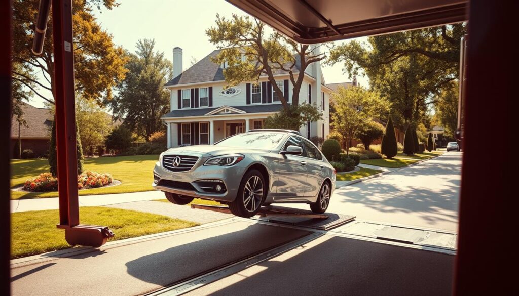 A well-lit, high-angle view of a professional car transport delivery service. In the foreground, a car carrier truck gently lowers a gleaming, spotless sedan onto a residential driveway, its front wheels kissing the pavement. The driver, dressed in a crisp uniform, carefully guides the vehicle into place. In the middle ground, a stately two-story suburban home stands, its manicured lawn and flowerbeds framing the scene. The background is a sun-dappled street, lined with mature trees and other well-kept homes, conveying a sense of reliable, high-quality service in a peaceful, upscale neighborhood. The overall mood is one of efficiency, trust, and attention to detail. A well-lit, high-angle view of a professional car transport delivery service. In the foreground, a car carrier truck gently lowers a gleaming, spotless sedan onto a residential driveway, its front wheels kissing the pavement. The driver, dressed in a crisp uniform, carefully guides the vehicle into place. In the middle ground, a stately two-story suburban home stands, its manicured lawn and flowerbeds framing the scene. The background is a sun-dappled street, lined with mature trees and other well-kept homes, conveying a sense of reliable, high-quality service in a peaceful, upscale neighborhood. The overall mood is one of efficiency, trust, and attention to detail.