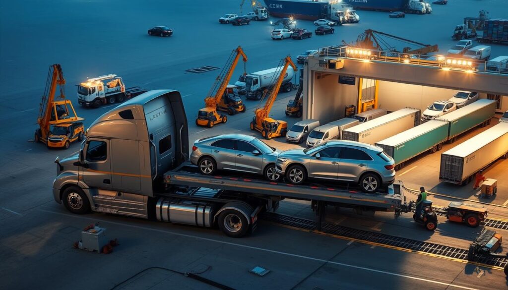 A well-lit, high-angle view of a vehicle shipping process. In the foreground, a semi-truck hitched to a car carrier trailer, loading cars with care. The middle ground features a secure loading dock, with workers meticulously inspecting and securing the vehicles. In the background, a bustling logistics hub with cranes, forklifts, and a fleet of transport trucks, all working in harmony to facilitate the smooth cross-border movement of automobiles. The scene exudes a sense of efficiency, professionalism, and attention to detail, capturing the essence of a seamless vehicle transportation service. A well-lit, high-angle view of a vehicle shipping process. In the foreground, a semi-truck hitched to a car carrier trailer, loading cars with care. The middle ground features a secure loading dock, with workers meticulously inspecting and securing the vehicles. In the background, a bustling logistics hub with cranes, forklifts, and a fleet of transport trucks, all working in harmony to facilitate the smooth cross-border movement of automobiles. The scene exudes a sense of efficiency, professionalism, and attention to detail, capturing the essence of a seamless vehicle transportation service.