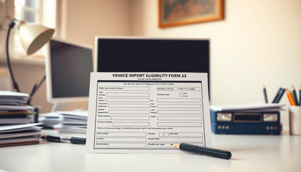 A well-lit, high-resolution image of a vehicle import eligibility form displayed on a clean, minimalist desk. The form should be the central focus, with a subtle background of stacked documents, a computer monitor, and a few office supplies. The lighting should be warm and inviting, creating a sense of professionalism and attention to detail. The overall composition should convey the importance of verifying import status before shipping a vehicle, aligning with the article's subject and section title. A well-lit, high-resolution image of a vehicle import eligibility form displayed on a clean, minimalist desk. The form should be the central focus, with a subtle background of stacked documents, a computer monitor, and a few office supplies. The lighting should be warm and inviting, creating a sense of professionalism and attention to detail. The overall composition should convey the importance of verifying import status before shipping a vehicle, aligning with the article's subject and section title.