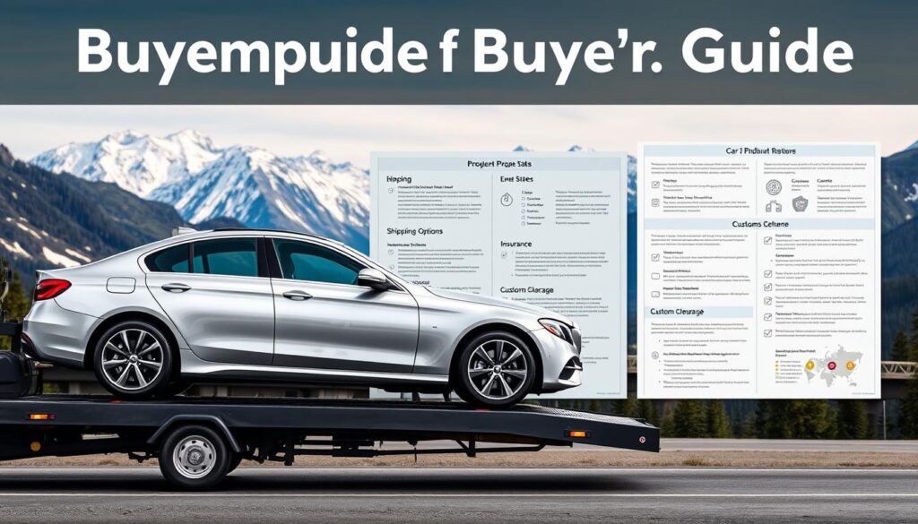 A well-lit, high-resolution photograph of a buyer's guide for car shipping from the United States to Canada. The guide features detailed information about the process, including vehicle preparation, shipping options, insurance, and customs clearance. The foreground showcases a sleek, mid-size sedan on a car carrier, highlighting the quality of the shipping service. The middle ground displays informative infographics and checklists, while the background depicts a scenic Canadian landscape with snow-capped mountains. The overall mood is professional, informative, and reassuring, reflecting the reliable nature of the car shipping service. A well-lit, high-resolution photograph of a buyer's guide for car shipping from the United States to Canada. The guide features detailed information about the process, including vehicle preparation, shipping options, insurance, and customs clearance. The foreground showcases a sleek, mid-size sedan on a car carrier, highlighting the quality of the shipping service. The middle ground displays informative infographics and checklists, while the background depicts a scenic Canadian landscape with snow-capped mountains. The overall mood is professional, informative, and reassuring, reflecting the reliable nature of the car shipping service.