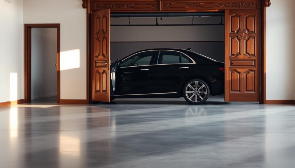 A well-lit, spacious garage interior with an open car-sized door in the foreground, allowing a clear view of a gleaming black luxury sedan parked outside. The door frame is made of sturdy, polished wood with intricate carvings, conveying a sense of quality and craftsmanship. Soft, warm lighting filters in from the outside, casting a gentle glow and long shadows within the garage. The floor is polished concrete, giving a clean, professional appearance. The overall atmosphere is one of comfort, convenience, and attention to detail, perfectly capturing the essence of a reliable, door-to-door car shipping service. A well-lit, spacious garage interior with an open car-sized door in the foreground, allowing a clear view of a gleaming black luxury sedan parked outside. The door frame is made of sturdy, polished wood with intricate carvings, conveying a sense of quality and craftsmanship. Soft, warm lighting filters in from the outside, casting a gentle glow and long shadows within the garage. The floor is polished concrete, giving a clean, professional appearance. The overall atmosphere is one of comfort, convenience, and attention to detail, perfectly capturing the essence of a reliable, door-to-door car shipping service.